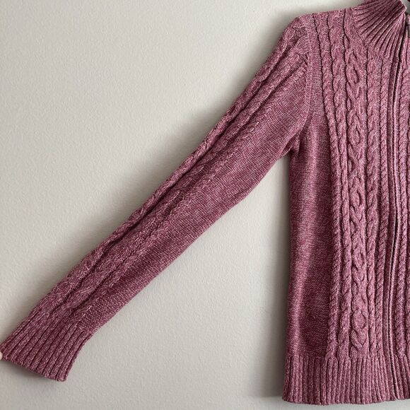 L.L. Bean Pink Full Zip 100% Cotton Cable Knit Fisherman's Cardigan Womens XS - Picture 3 of 9